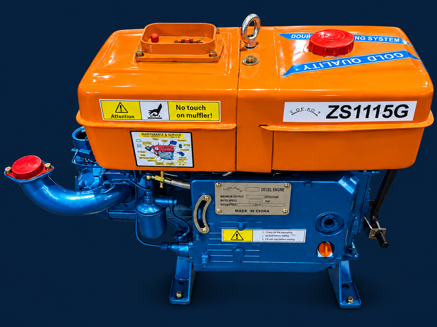 Orange and blue ZS1115G diesel engine